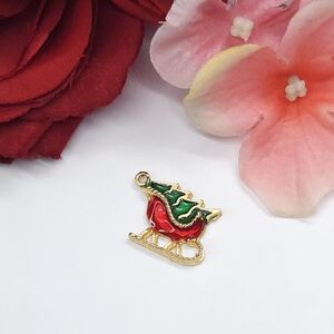 Vintage Red & Green Gold Tone Santa Holiday Sleigh Charm or Pendant Jewelry